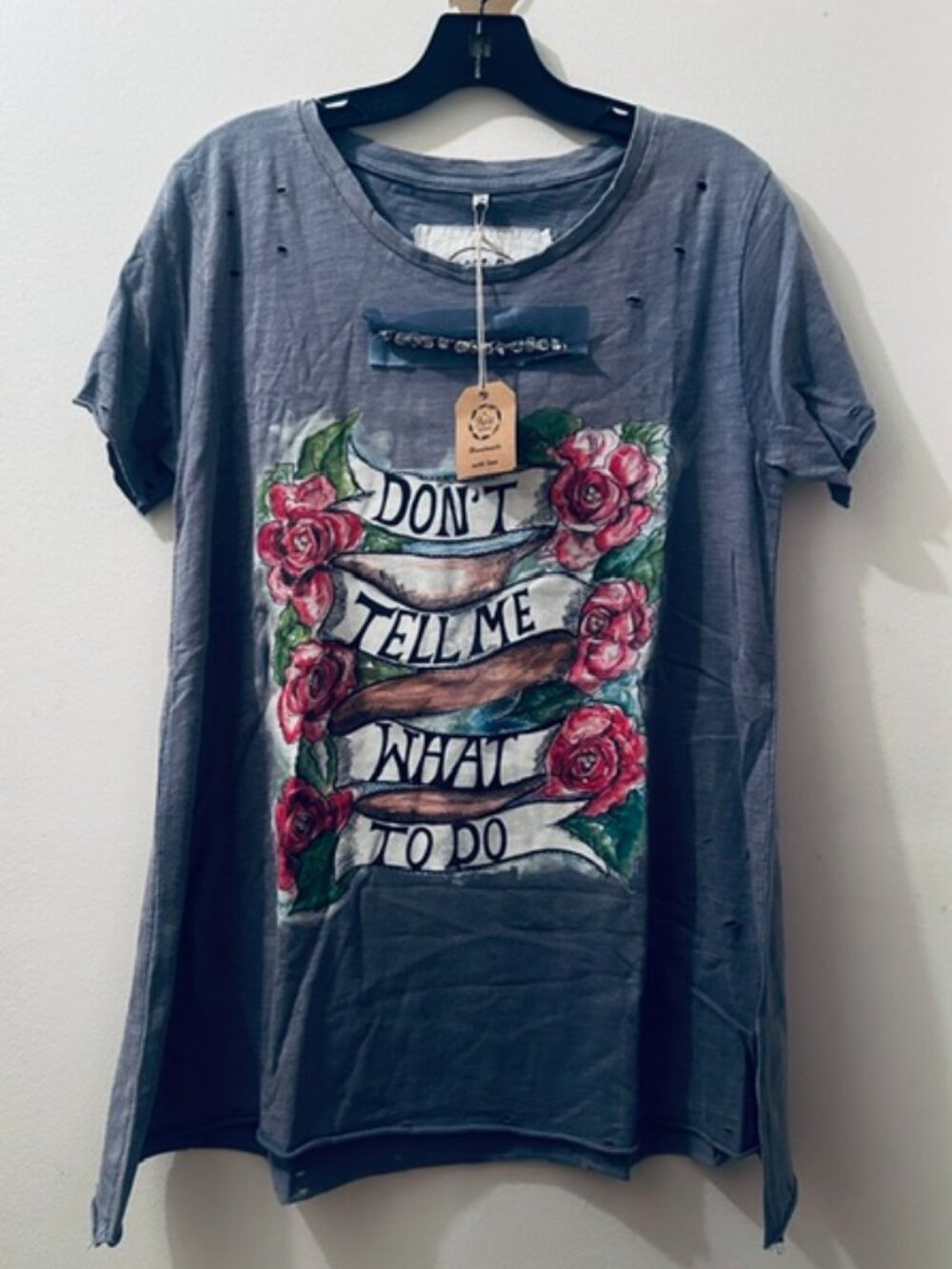 A Rare Bird Don't Tell Me What To Do Hand Distressed Rhinestone Tee Shirt NWT